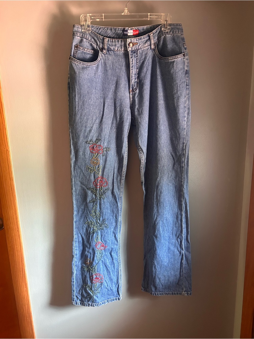French Cuff Mid-Blue Straight Leg Jeans with Red Rose Embroidery